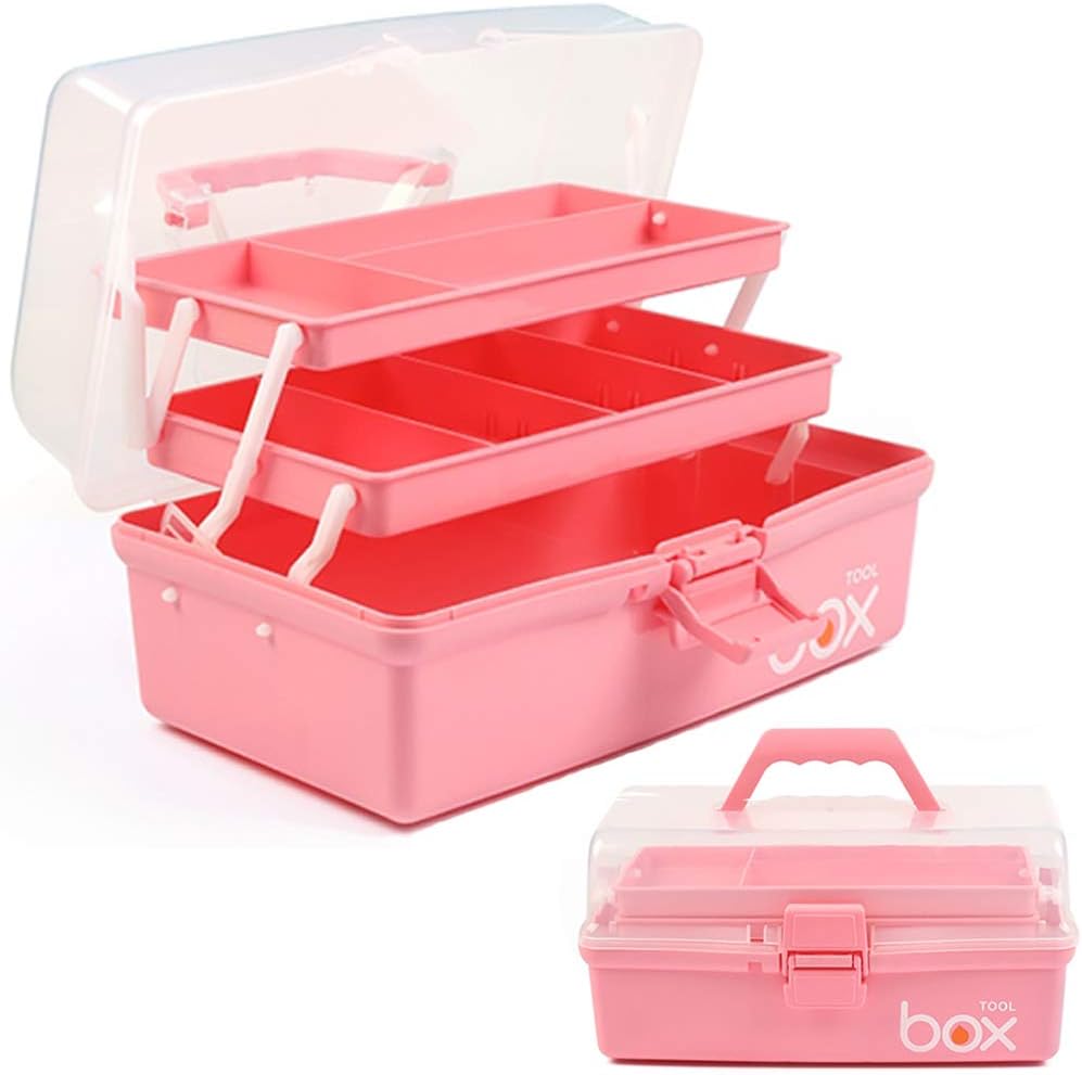 TERGOO 12in 3-Layer Plastic Craft Organizers and Storage. Portable Folding Tackle Box with Handle & Adjustable Dividers. Multipurpose Case for Sewing. Art Supplies. Medicine. Tools (Pink)
