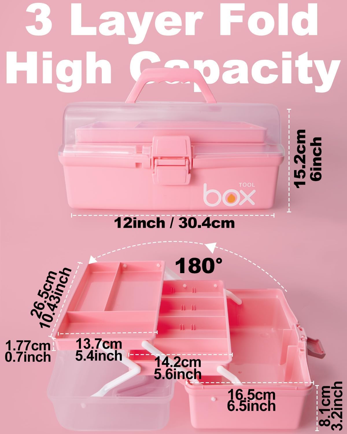 TERGOO 12in 3-Layer Plastic Craft Organizers and Storage. Portable Folding Tackle Box with Handle & Adjustable Dividers. Multipurpose Case for Sewing. Art Supplies. Medicine. Tools (Pink) - Image 2