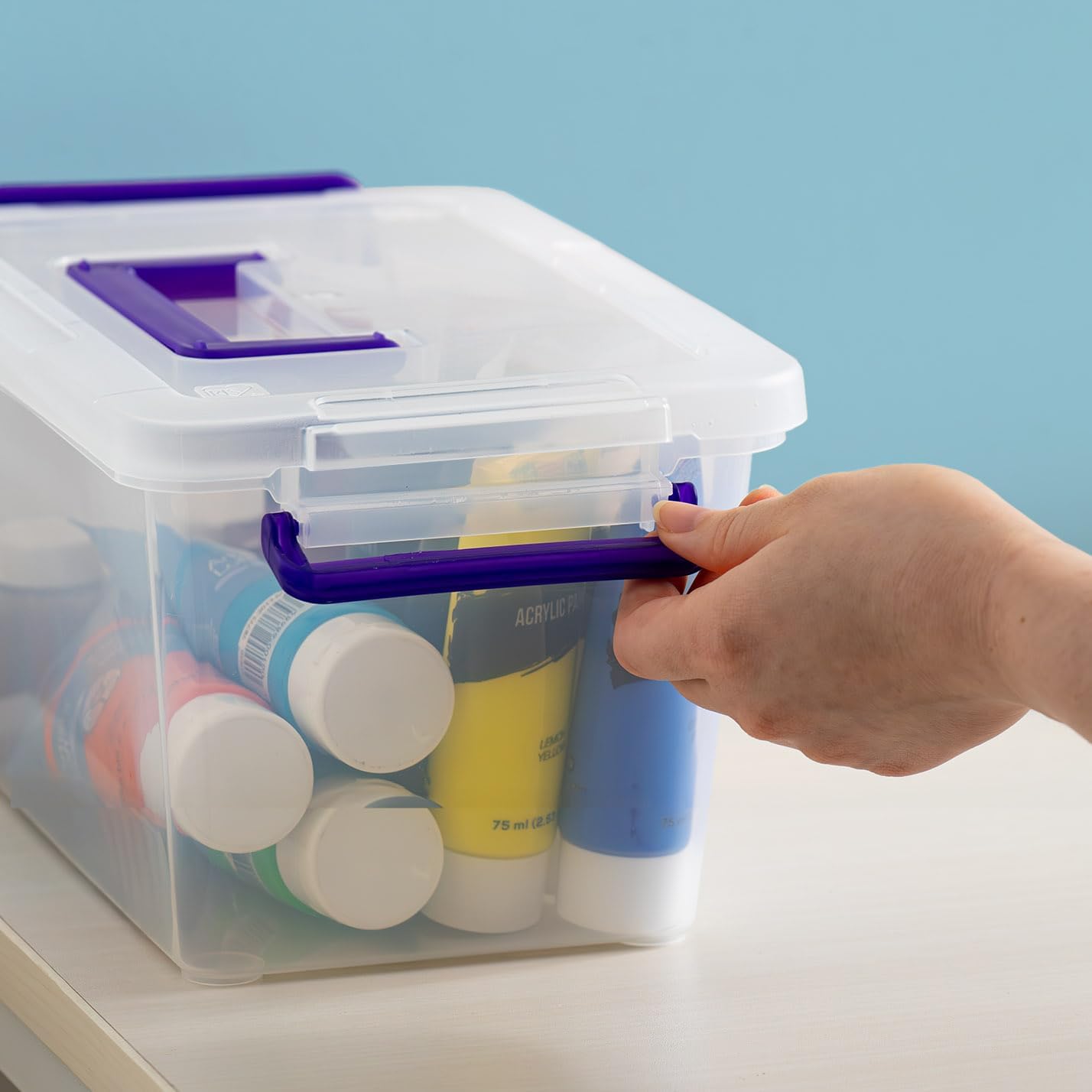 IRIS USA 5 Qt. Plastic Craft Storage Container Bins with Lids. 6 Pack. Small Art & Office Supply Organizer Tote. Sensory Bins & Boxes for Home & University. Stackable. Carry Handle. Clear - Image 5