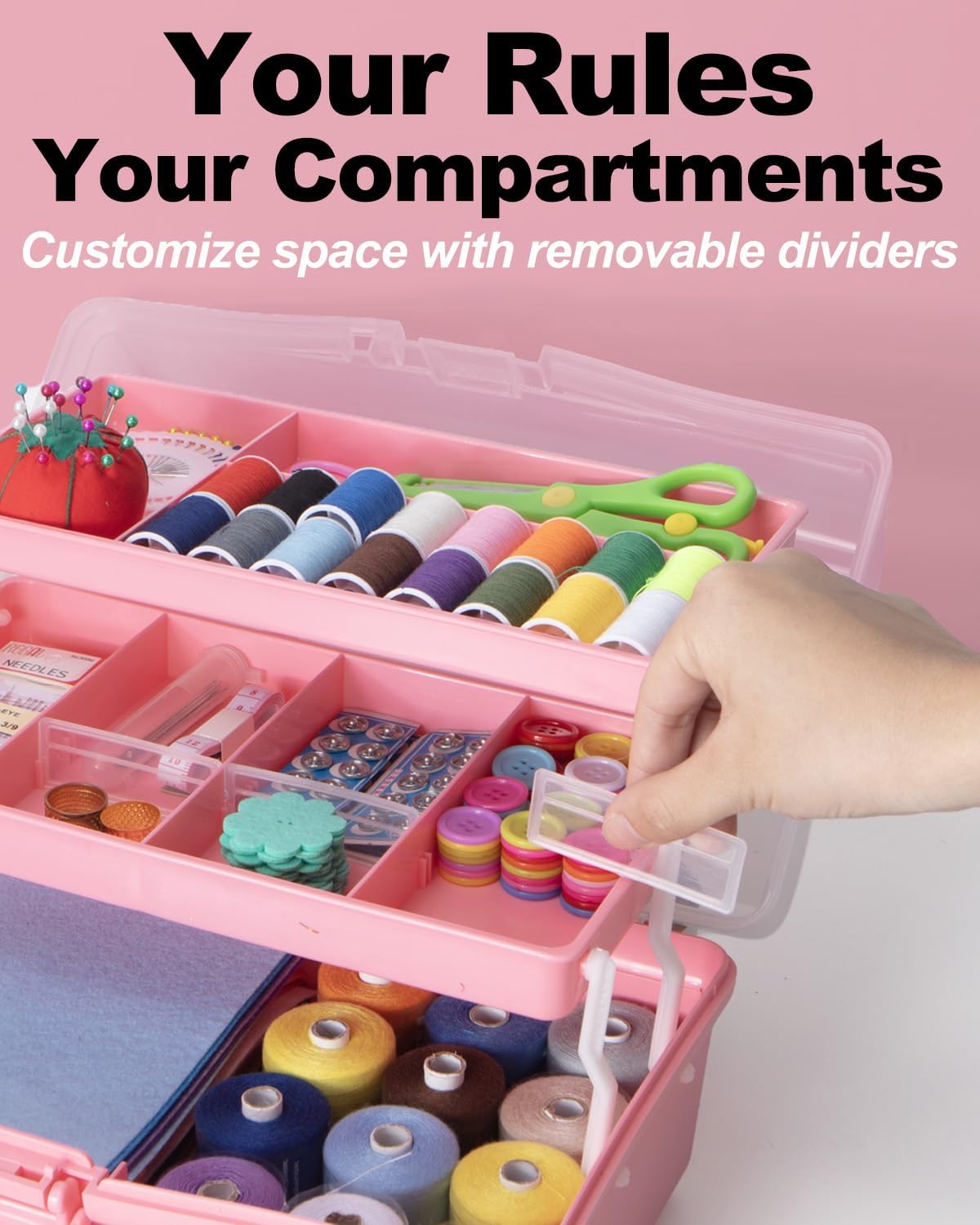 TERGOO 12in 3-Layer Plastic Craft Organizers and Storage. Portable Folding Tackle Box with Handle & Adjustable Dividers. Multipurpose Case for Sewing. Art Supplies. Medicine. Tools (Pink) - Image 4