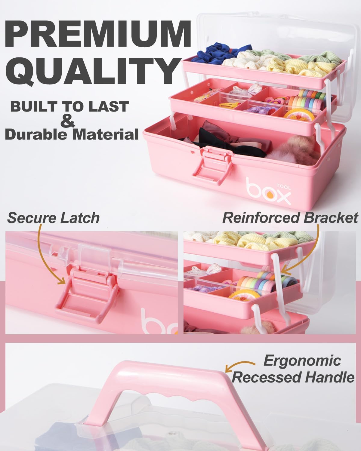 TERGOO 12in 3-Layer Plastic Craft Organizers and Storage. Portable Folding Tackle Box with Handle & Adjustable Dividers. Multipurpose Case for Sewing. Art Supplies. Medicine. Tools (Pink) - Image 3