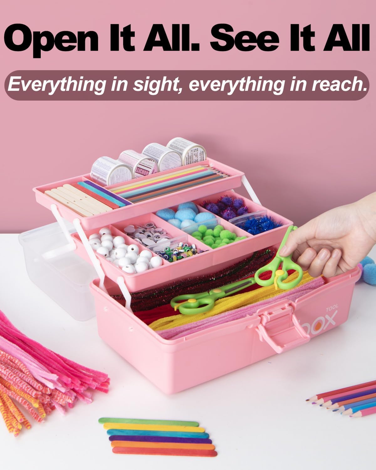 TERGOO 12in 3-Layer Plastic Craft Organizers and Storage. Portable Folding Tackle Box with Handle & Adjustable Dividers. Multipurpose Case for Sewing. Art Supplies. Medicine. Tools (Pink) - Image 5
