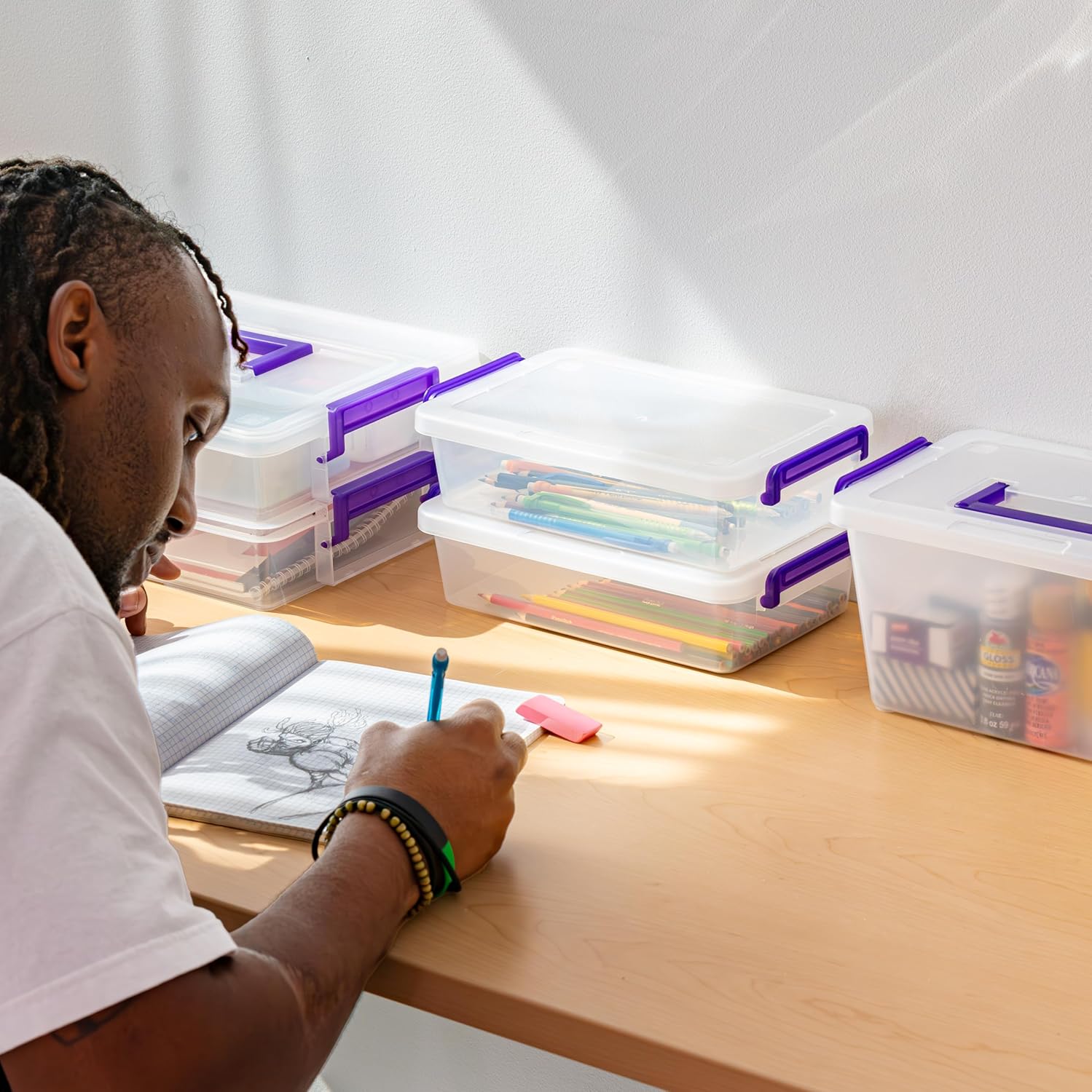 IRIS USA 5 Qt. Plastic Craft Storage Container Bins with Lids. 6 Pack. Small Art & Office Supply Organizer Tote. Sensory Bins & Boxes for Home & University. Stackable. Carry Handle. Clear - Image 7