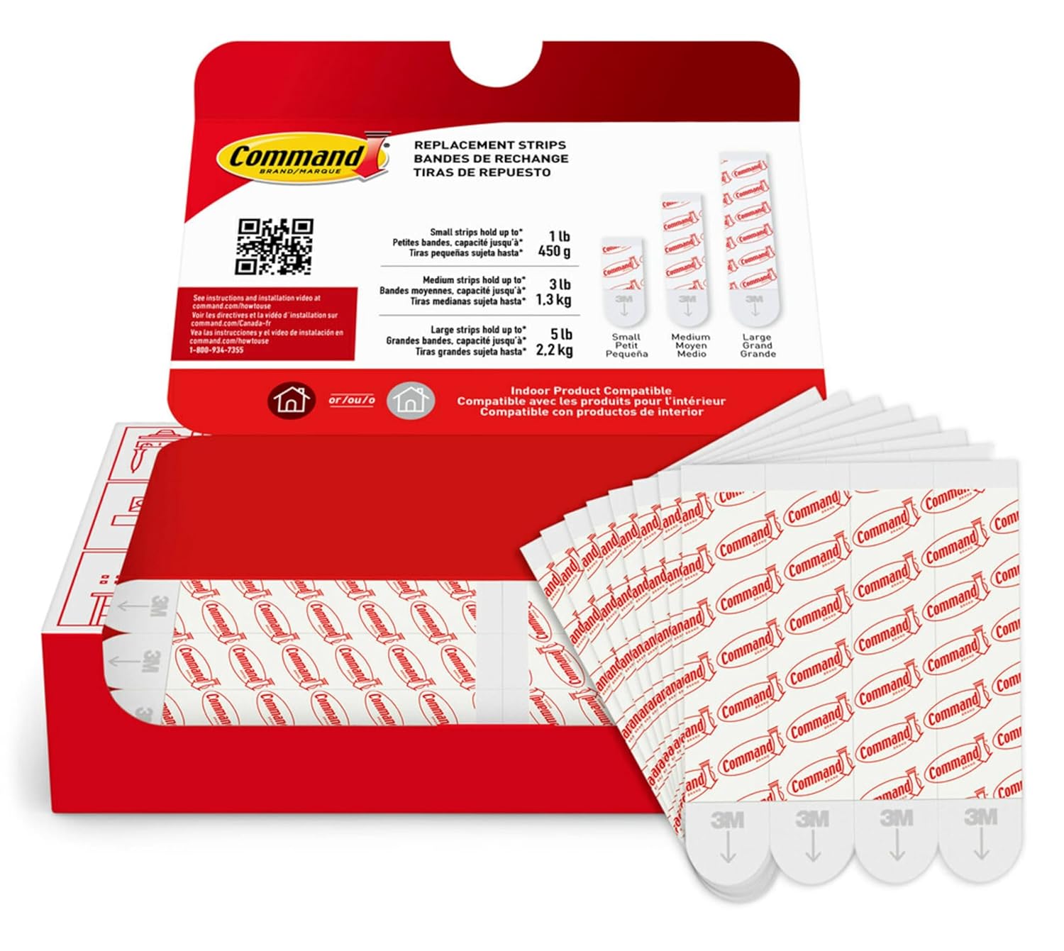 Command Indoor Large Replacement Strips. 20 Strips. Damage-Free Wall Hanging. Re-Hang Large Hooks for Home and Wall Decor. Holds up to 5 lb. White Adhesive