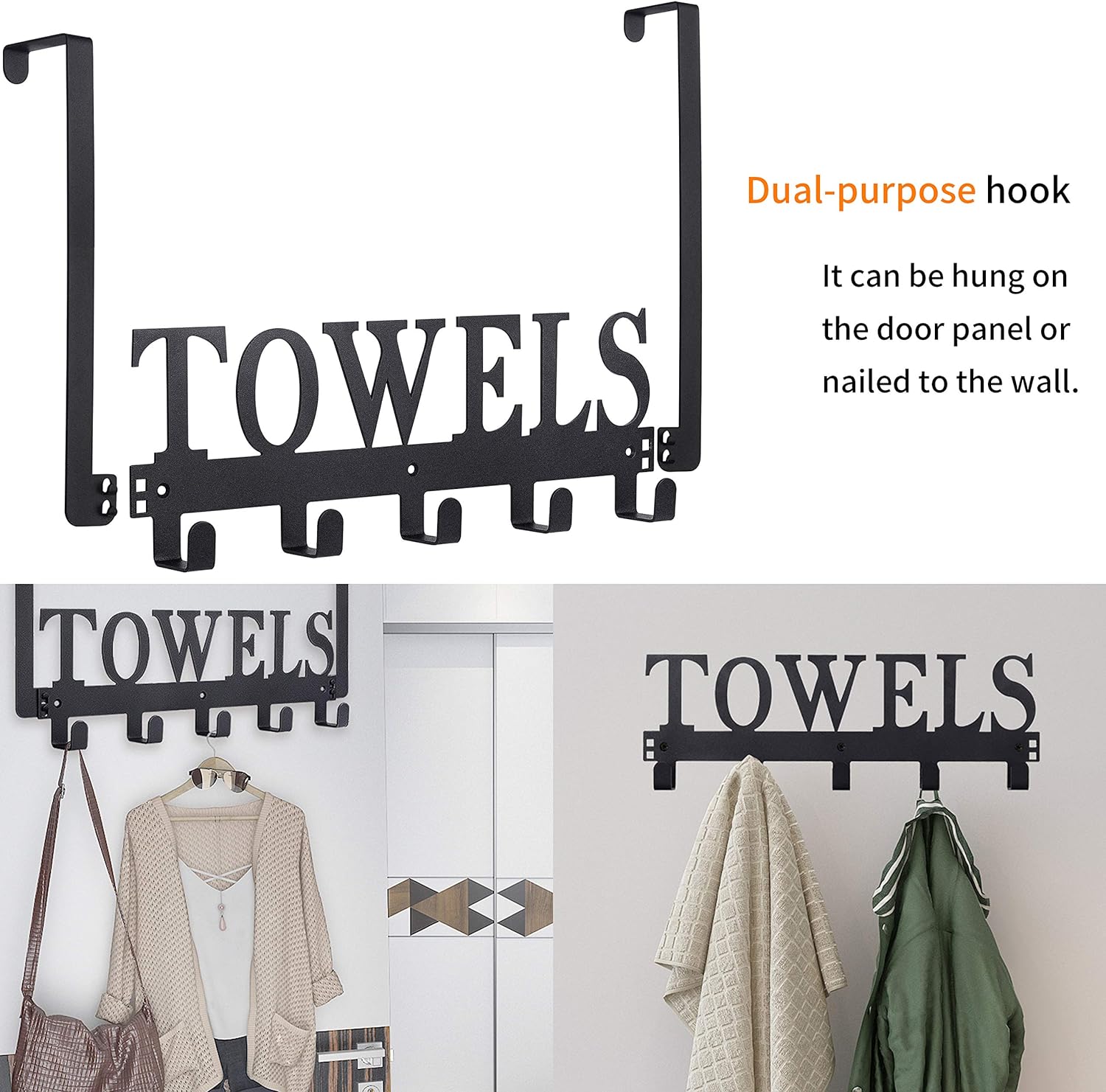 Kuhome Over The Door Hooks. Towel Holder for Bathroom. Door Mount Towel Rack Towel Hooks for Bedroom Beach Towels Bathrobe Wall Mount Hang on The Door Cabinet Cupboard Metal Sandblasted (Black) - Image 3